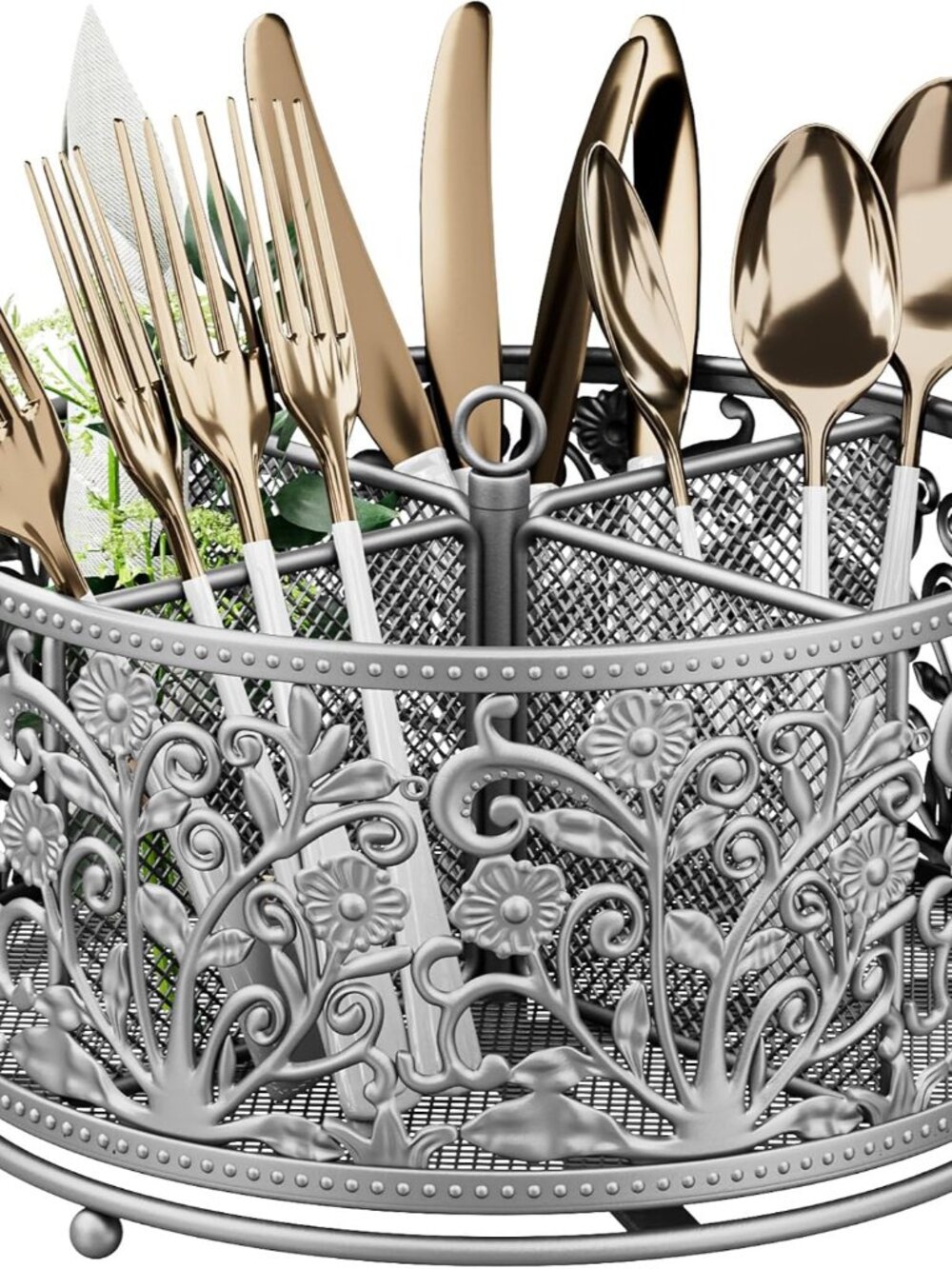 360° Rotating Flatware Caddy - 4 Compartments Metal Mesh